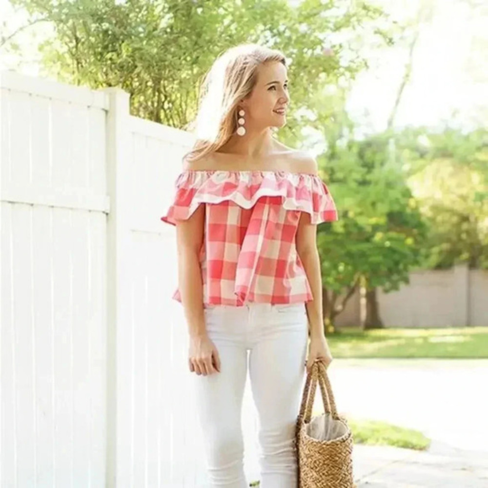 Women's Riley Gingham Ruffle Top size XS Coral NWT